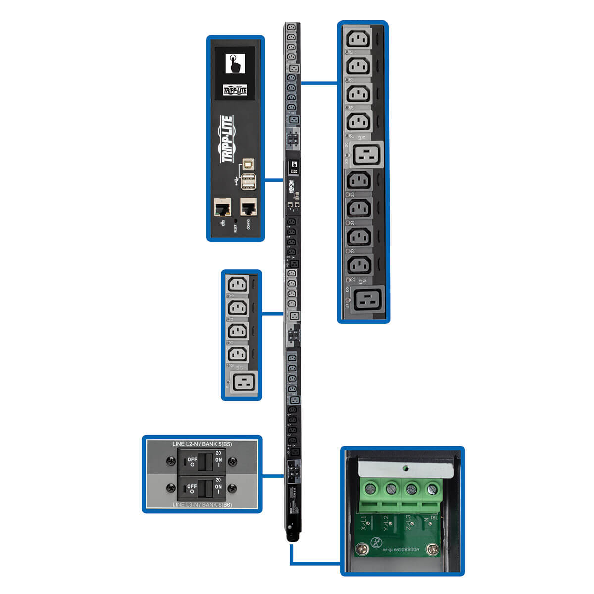Блок распределения питания (БРП/PDU) PDU3XEVSRHWB трехфазный управляемый с интерфейсом LX Platform, мощность 28,8 кВт; розетки на 220-240 В (24 шт. типа C13 / 6 шт. типа C19), ЖК-экран, вход 380-415 В с жестким кабельным подключением